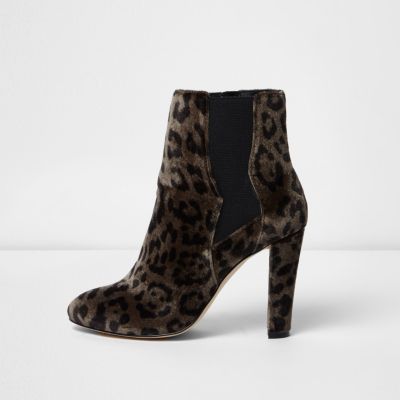 Khaki leopard print velvet ankle boots